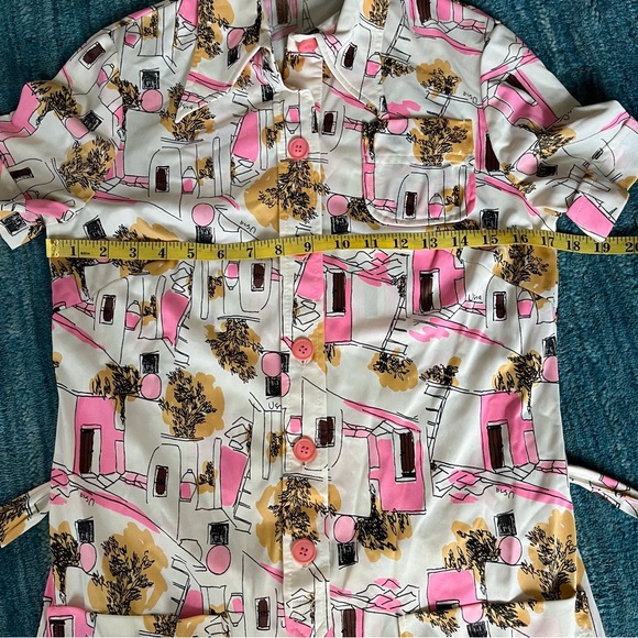 Vera Neumann Vintage Top belted house or city scape pink white XS or kids 12 - Picture 8 of 13